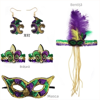 Carnavalul brazilian: mască pentru jumătate de față în nuanțe aur, mov și verde, bandă pentru cap cu pene, mărgele în trei culori, fustă din tifon și cercei – set