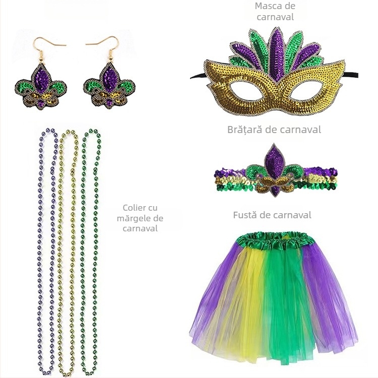 Carnavalul brazilian: mască pentru jumătate de față în nuanțe aur, mov și verde, bandă pentru cap cu pene, mărgele în trei culori, fustă din tifon și cercei – set