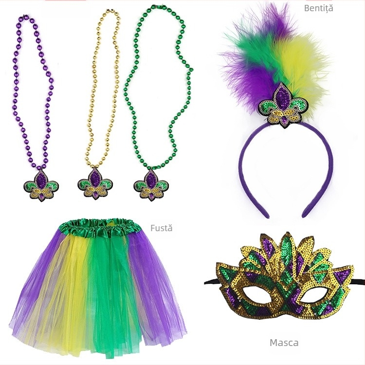 Carnavalul brazilian: mască pentru jumătate de față în nuanțe aur, mov și verde, bandă pentru cap cu pene, mărgele în trei culori, fustă din tifon și cercei – set