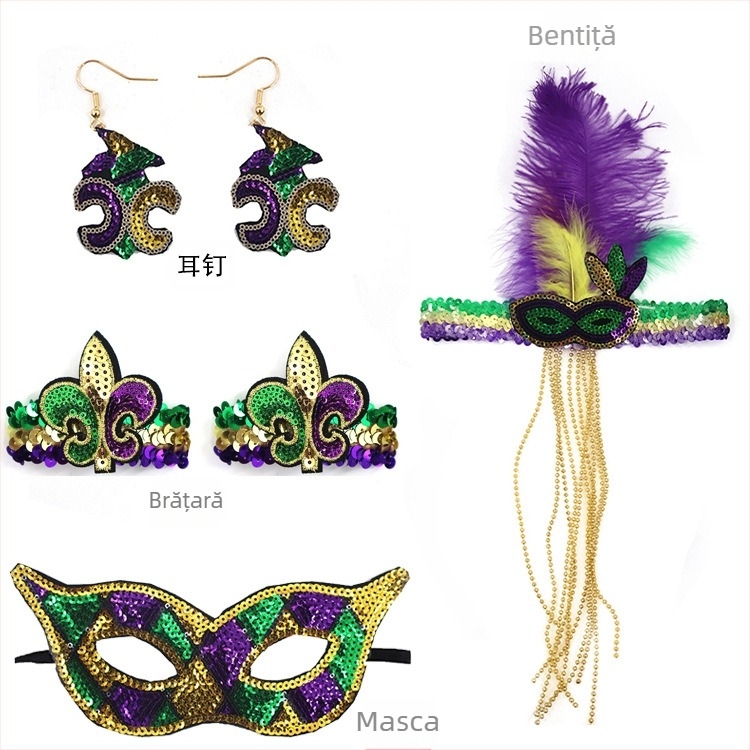 Carnavalul brazilian: mască pentru jumătate de față în nuanțe aur, mov și verde, bandă pentru cap cu pene, mărgele în trei culori, fustă din tifon și cercei – set