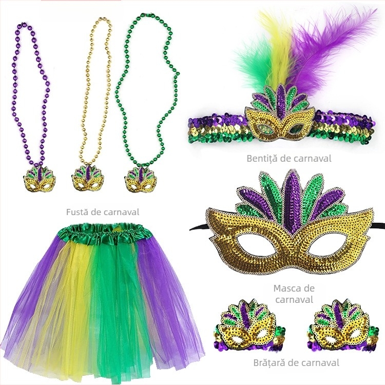 Carnavalul brazilian: mască pentru jumătate de față în nuanțe aur, mov și verde, bandă pentru cap cu pene, mărgele în trei culori, fustă din tifon și cercei – set