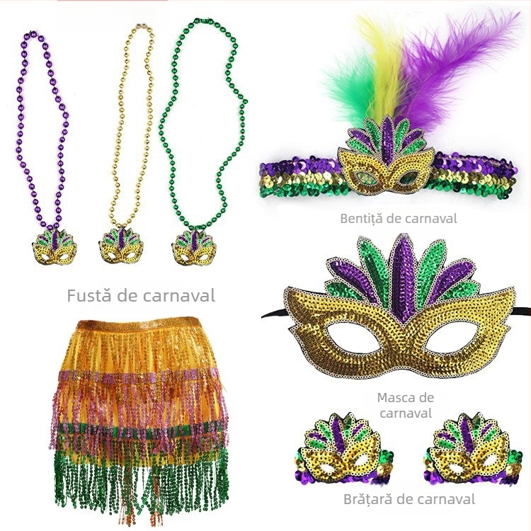Carnavalul brazilian: mască pentru jumătate de față în nuanțe aur, mov și verde, bandă pentru cap cu pene, mărgele în trei culori, fustă din tifon și cercei – set