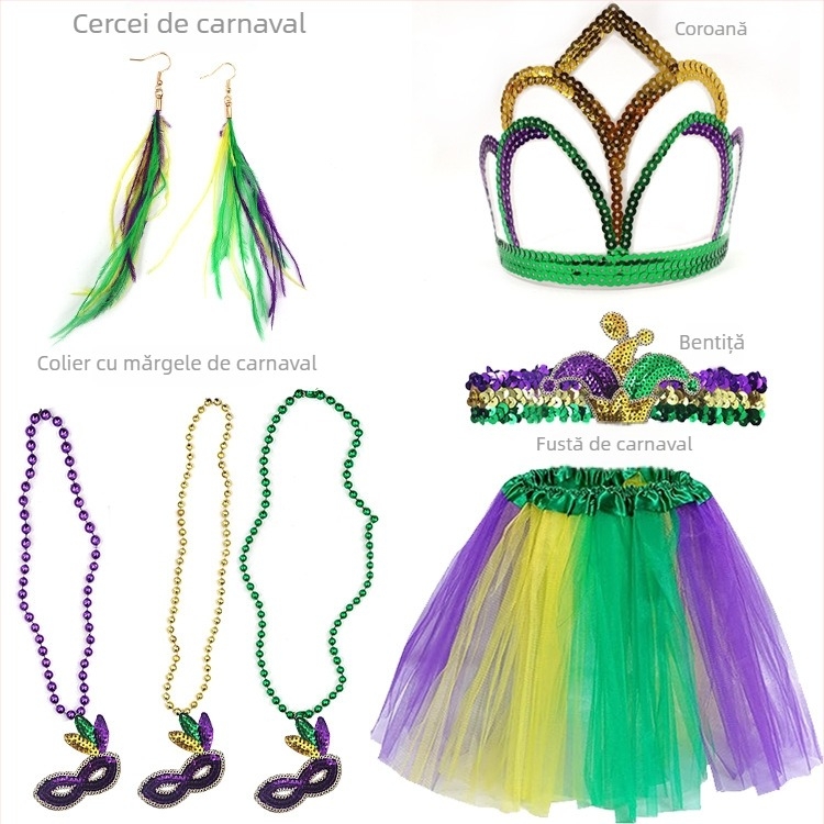 Carnavalul brazilian: mască pentru jumătate de față în nuanțe aur, mov și verde, bandă pentru cap cu pene, mărgele în trei culori, fustă din tifon și cercei – set