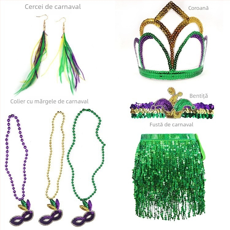 Carnavalul brazilian: mască pentru jumătate de față în nuanțe aur, mov și verde, bandă pentru cap cu pene, mărgele în trei culori, fustă din tifon și cercei – set
