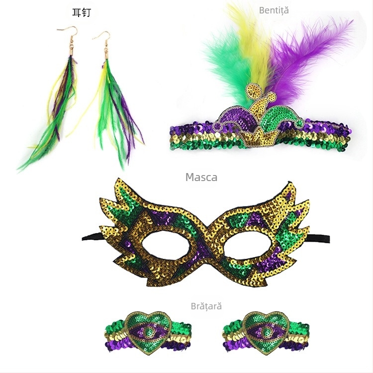 Carnavalul brazilian: mască pentru jumătate de față în nuanțe aur, mov și verde, bandă pentru cap cu pene, mărgele în trei culori, fustă din tifon și cercei – set