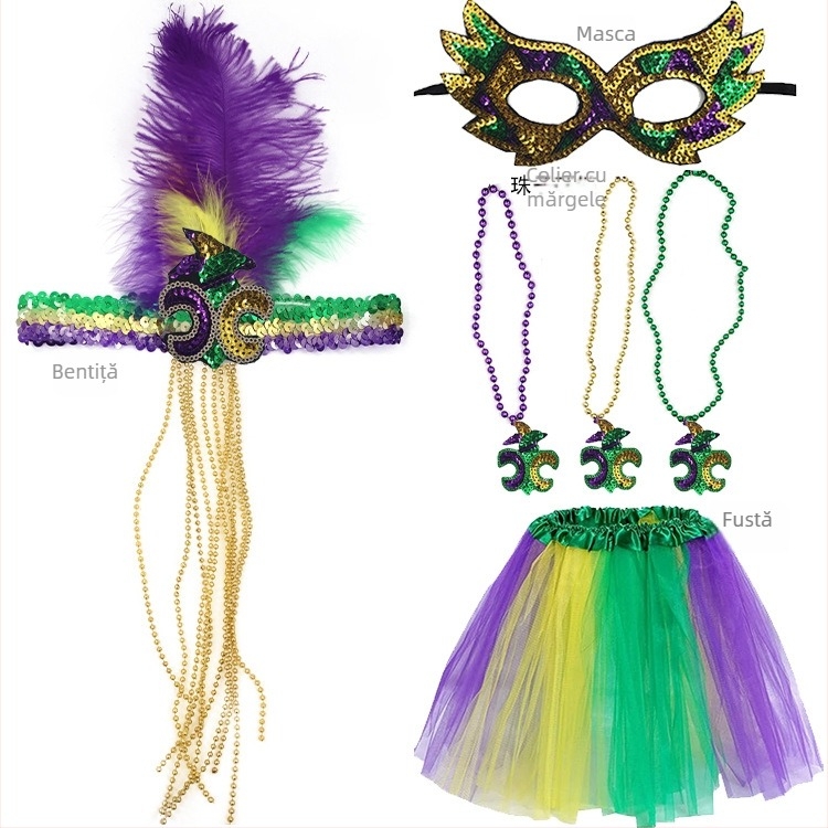 Carnavalul brazilian: mască pentru jumătate de față în nuanțe aur, mov și verde, bandă pentru cap cu pene, mărgele în trei culori, fustă din tifon și cercei – set