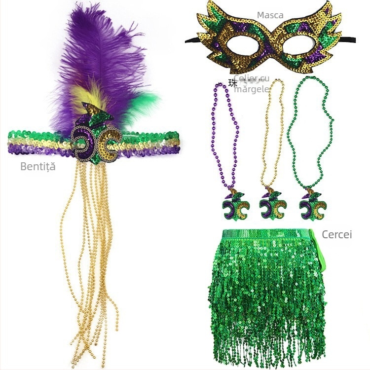 Carnavalul brazilian: mască pentru jumătate de față în nuanțe aur, mov și verde, bandă pentru cap cu pene, mărgele în trei culori, fustă din tifon și cercei – set