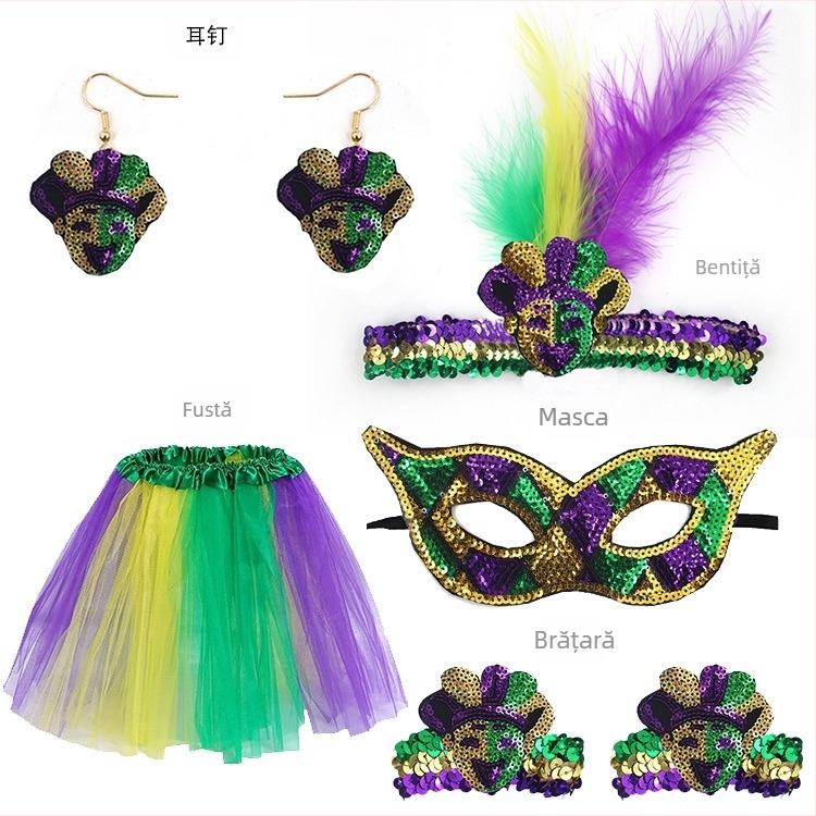 Carnavalul brazilian: mască pentru jumătate de față în nuanțe aur, mov și verde, bandă pentru cap cu pene, mărgele în trei culori, fustă din tifon și cercei – set