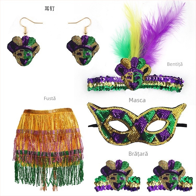 Carnavalul brazilian: mască pentru jumătate de față în nuanțe aur, mov și verde, bandă pentru cap cu pene, mărgele în trei culori, fustă din tifon și cercei – set
