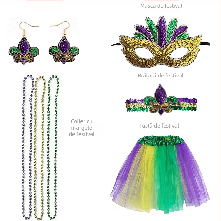 Carnavalul brazilian: mască pentru jumătate de față în nuanțe aur, mov și verde, bandă pentru cap cu pene, mărgele în trei culori, fustă din tifon și cercei – set