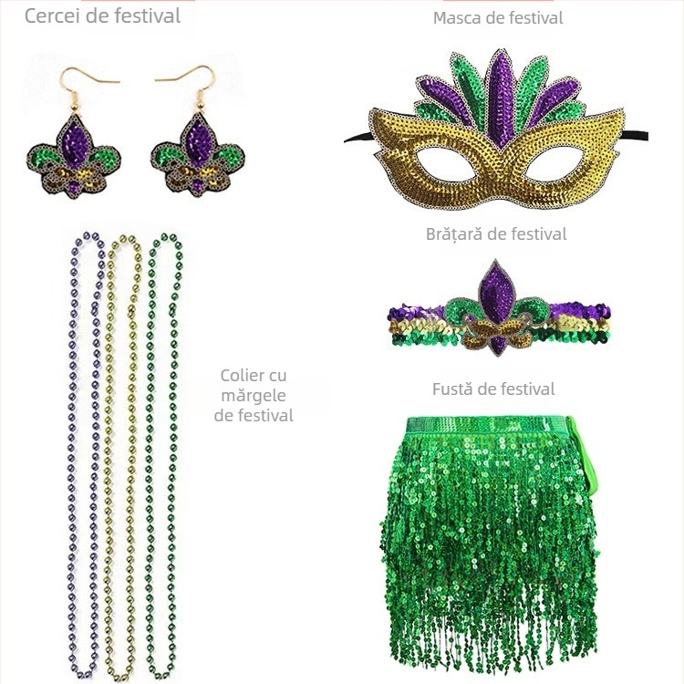 Carnavalul brazilian: mască pentru jumătate de față în nuanțe aur, mov și verde, bandă pentru cap cu pene, mărgele în trei culori, fustă din tifon și cercei – set