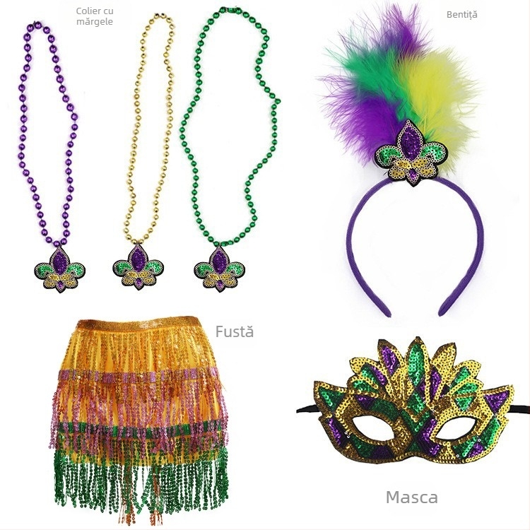 Carnavalul brazilian: mască pentru jumătate de față în nuanțe aur, mov și verde, bandă pentru cap cu pene, mărgele în trei culori, fustă din tifon și cercei – set