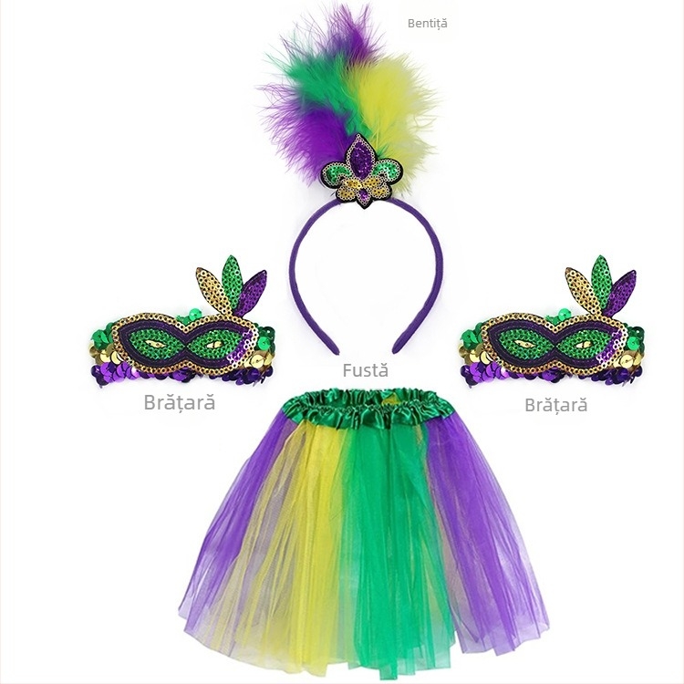 Carnavalul brazilian: mască pentru jumătate de față în nuanțe aur, mov și verde, bandă pentru cap cu pene, mărgele în trei culori, fustă din tifon și cercei – set
