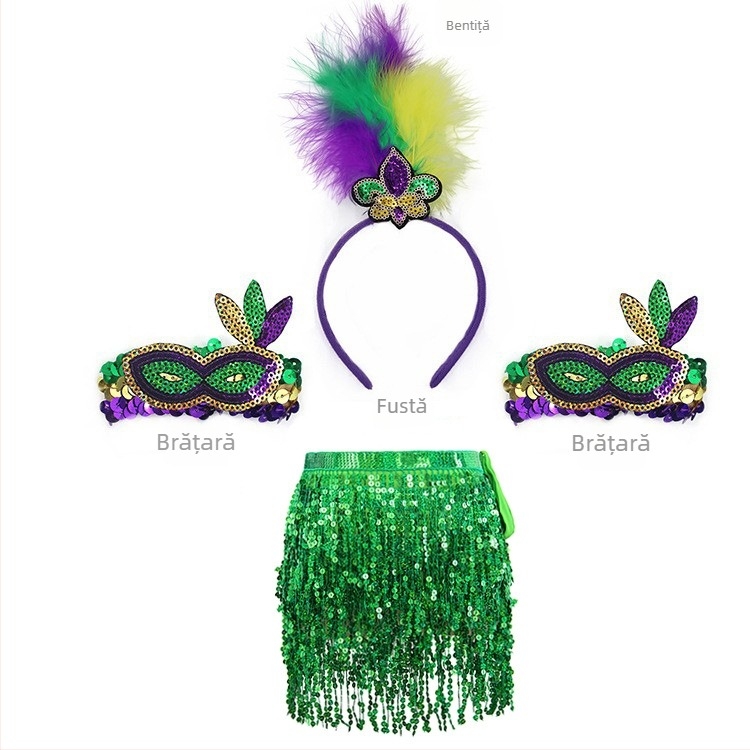 Carnavalul brazilian: mască pentru jumătate de față în nuanțe aur, mov și verde, bandă pentru cap cu pene, mărgele în trei culori, fustă din tifon și cercei – set