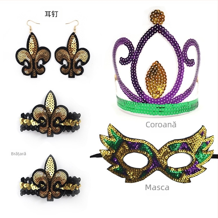 Carnavalul brazilian: mască pentru jumătate de față în nuanțe aur, mov și verde, bandă pentru cap cu pene, mărgele în trei culori, fustă din tifon și cercei – set