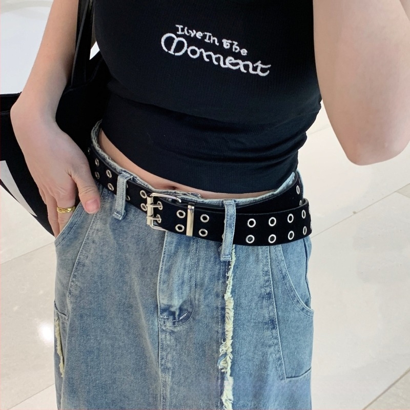 Vânzări directe din fabrică, piele întoarsă, cu două rânduri de găuri, stil punk, modă decorativă pentru femei, curea talie largă la modă