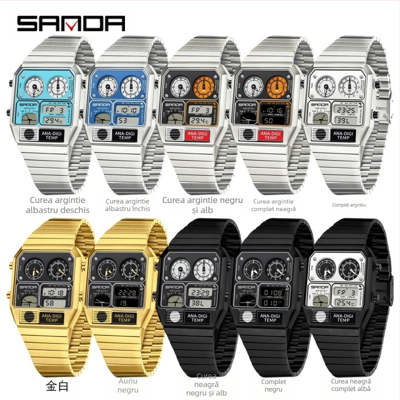 Sanda ceas electronic cu explozie transfrontalieră termometrie cronograf multifuncțional ceas bărbătesc retro pătrat impermeabil ceas bărbătesc