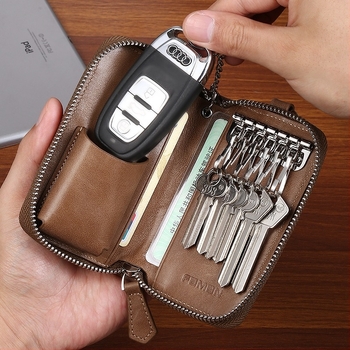 Geantă de chei retro pentru bărbați, din piele naturală, cu fermoar de mare capacitate, geantă de cosmetice pentru chei, geantă creativă multifuncțională pentru chei auto din piele de vacă