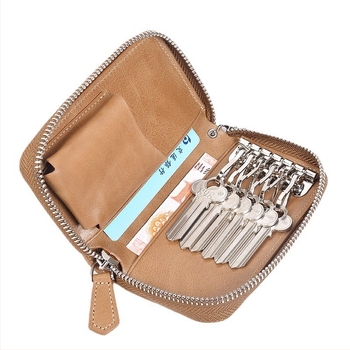 Geantă de chei retro pentru bărbați, din piele naturală, cu fermoar de mare capacitate, geantă de cosmetice pentru chei, geantă creativă multifuncțională pentru chei auto din piele de vacă