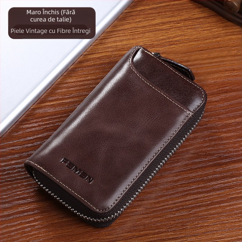 Geantă de chei retro pentru bărbați, din piele naturală, cu fermoar de mare capacitate, geantă de cosmetice pentru chei, geantă creativă multifuncțională pentru chei auto din piele de vacă