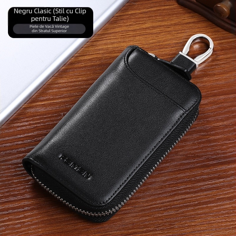 Geantă de chei retro pentru bărbați, din piele naturală, cu fermoar de mare capacitate, geantă de cosmetice pentru chei, geantă creativă multifuncțională pentru chei auto din piele de vacă