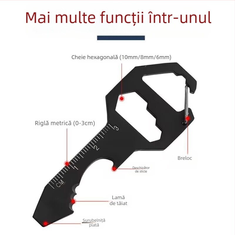 Pandantiv din oțel inoxidabil pentru exterior, mini cheie, instrument de măsurare, reparare, deschidere sticlă tăiată frânghie, 24 în 1, cheie breloc