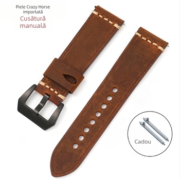 Curea din piele Crazy Horse direct din fabrică, 22-20 mm, din piele de vacă adevărată, cu comutator și eliberare rapidă, curea inteligentă retro pentru bărbați