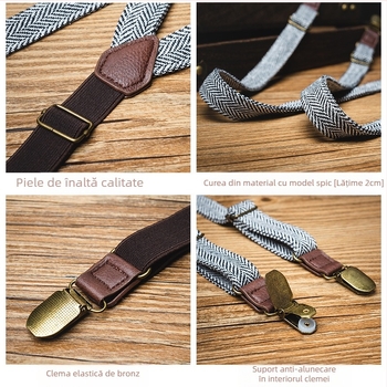 Curea din pânză nostalgică antiderapantă cu model herringbone, cu trei cleme, bretele rezistente, unisex, tip gras, elastic, pentru costum, pantaloni, bretele
