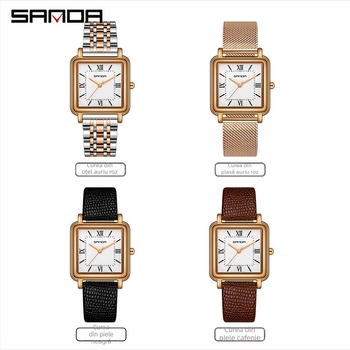 Sanda Square Fashion Quartz Watch Niche Leather Mesh Steel Band Watch pentru femei, impermeabil, retro Roman Number, ceas de damă