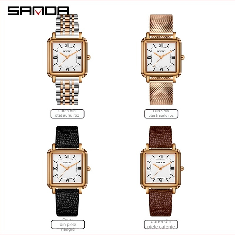 Sanda Square Fashion Quartz Watch Niche Leather Mesh Steel Band Watch pentru femei, impermeabil, retro Roman Number, ceas de damă