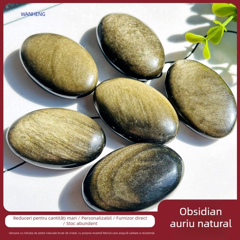 Ornamente din piatră originală din obsidian auriu natural, piatră pentru oală de pește din obsidian auriu cu efect de lumină puternic, mâner din obsidian argintiu, joacă-te cu formă, piesă plată, piesă de joacă