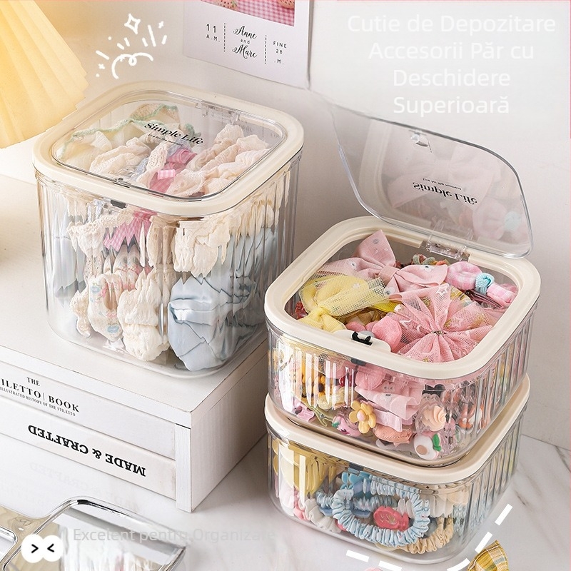 Cutie de depozitare pentru accesorii de păr, cutie de depozitare pentru copii, agrafe de păr, depozitare cu bandă de păr, capacitate mare, cutie de bijuterii din acril pentru fete, cu bandă de cauciuc și frânghie