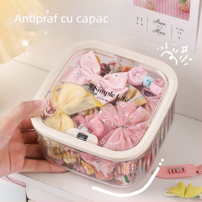 Cutie de depozitare pentru accesorii de păr, cutie de depozitare pentru copii, agrafe de păr, depozitare cu bandă de păr, capacitate mare, cutie de bijuterii din acril pentru fete, cu bandă de cauciuc și frânghie