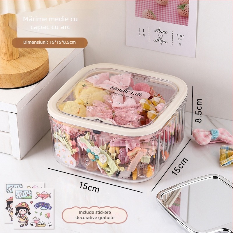 Cutie de depozitare pentru accesorii de păr, cutie de depozitare pentru copii, agrafe de păr, depozitare cu bandă de păr, capacitate mare, cutie de bijuterii din acril pentru fete, cu bandă de cauciuc și frânghie