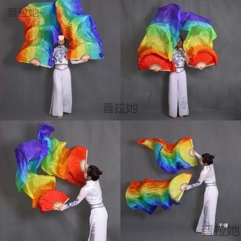 Evantai de dans, evantai colorat, gradient de culori curcubeu, evantai de mătase alungit, pătrat, evantai Yangko pentru performanță, recuzită