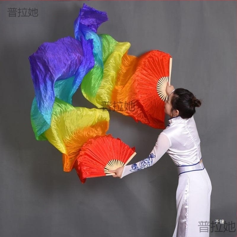 Evantai de dans, evantai colorat, gradient de culori curcubeu, evantai de mătase alungit, pătrat, evantai Yangko pentru performanță, recuzită