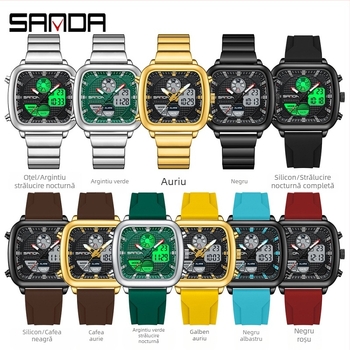 SANDA ceas electronic cu afișaj dublu, moda afaceri multifuncțională, ceas de mână pentru bărbați, curea din oțel pătrată, impermeabil, ceas electronic pentru bărbați