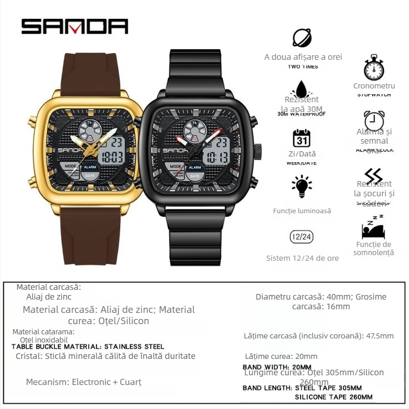 SANDA ceas electronic cu afișaj dublu, moda afaceri multifuncțională, ceas de mână pentru bărbați, curea din oțel pătrată, impermeabil, ceas electronic pentru bărbați