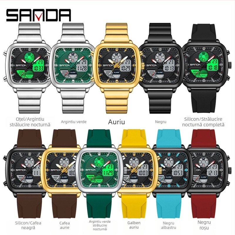 SANDA ceas electronic cu afișaj dublu, moda afaceri multifuncțională, ceas de mână pentru bărbați, curea din oțel pătrată, impermeabil, ceas electronic pentru bărbați