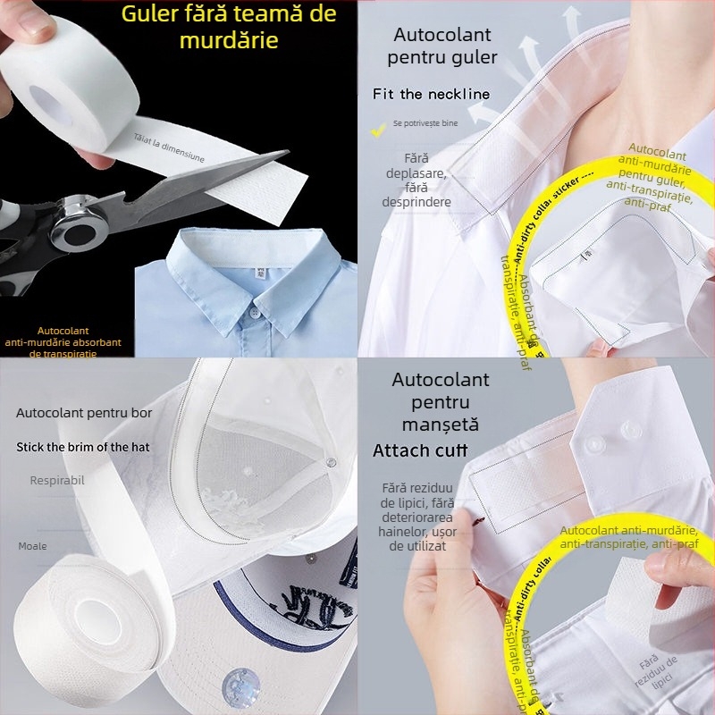 Autocolante anti-murdarire pentru guler, Autocolante anti-transpirație, Protecție pentru guler, Guler autoadeziv de unică folosință cu boruri, Autocolante pentru gulerul cămășii, Absorbant de transpirație