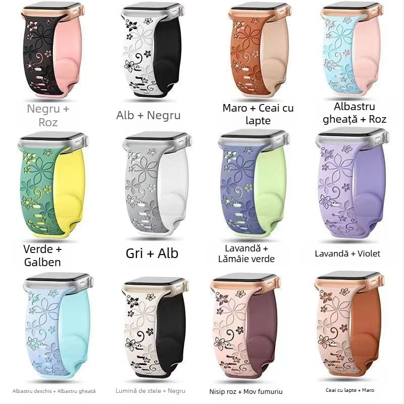 Potrivit pentru Apple Watch, cataramă fluture, curea din silicon sculptată în două culori, gravată în relief pentru iWatch