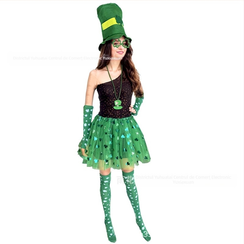 Costum transfrontalier de Ziua Sfântului Patrick, machiaj de festival irlandez, recuzită pentru costume, spectacol de trifoi, accesorii pentru costume