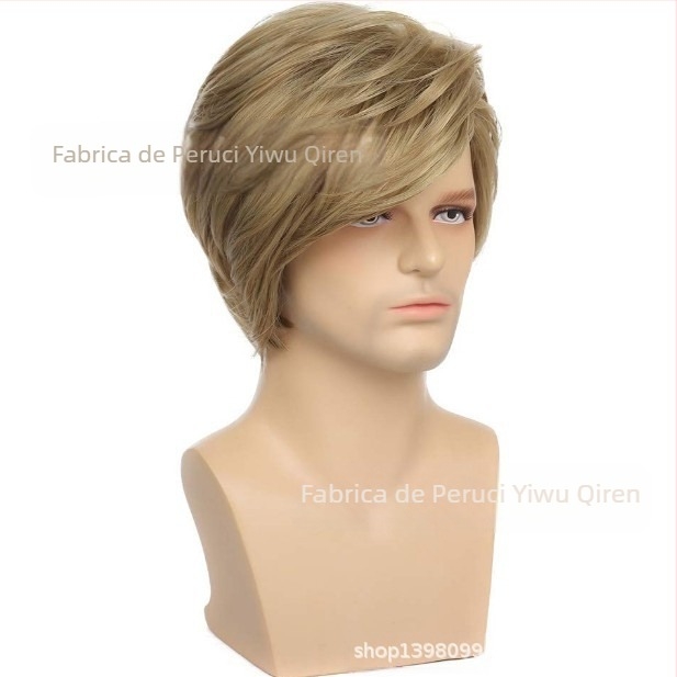 Peruci Qiren din fabrică, noi, pentru bărbați, păr auriu scurt, păr pentru bărbați, breton oblic parțial, păr scurt, accesoriu de păr pentru bărbați, en-gros