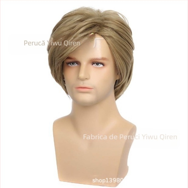Peruci Qiren din fabrică, noi, pentru bărbați, păr auriu scurt, păr pentru bărbați, breton oblic parțial, păr scurt, accesoriu de păr pentru bărbați, en-gros