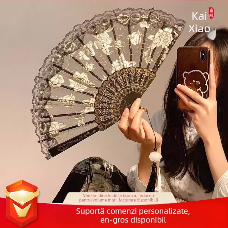 Evantai pliabil nou, stil chinezesc, dantelă, trandafir, evantai pliabil pentru femei, vară, dans, antic, pliabil, stil național, rochie cu fața de cal