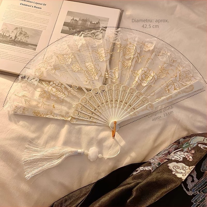 Evantai pliabil nou, stil chinezesc, dantelă, trandafir, evantai pliabil pentru femei, vară, dans, antic, pliabil, stil național, rochie cu fața de cal