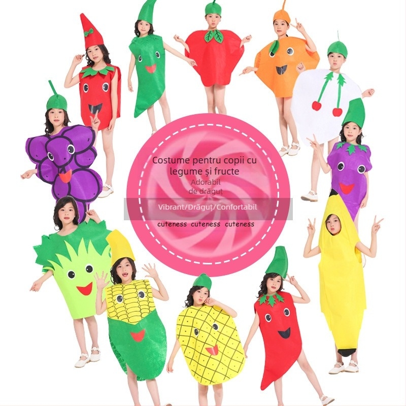 Costum de fructe pentru copii, legume, grădiniță, spectacol de modă ecologic, Halloween, dovleac, costum de scenă