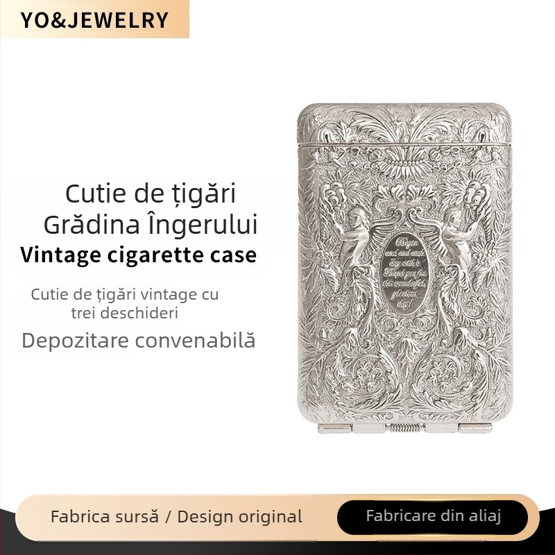 Cutie de țigări antică cu trei deschideri, retro europeană, procesată, pentru bărbați, cutie de depozitare pentru țigări, din argint antic, pentru bărbați