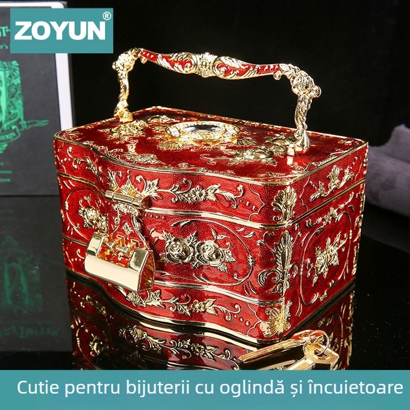 Cutie de bijuterii retro chinezească cu trei straturi, oglindă încorporată cu încuietoare sculptată pentru bijuterii, cutie de depozitare pentru inele, cadou de nuntă