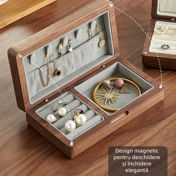 Cutie de bijuterii portabilă cu rabat din lemn de nuc negru, cutie de depozitare din lemn, cutie de organizare din lemn masiv pentru birou, colier, cercei, brățări